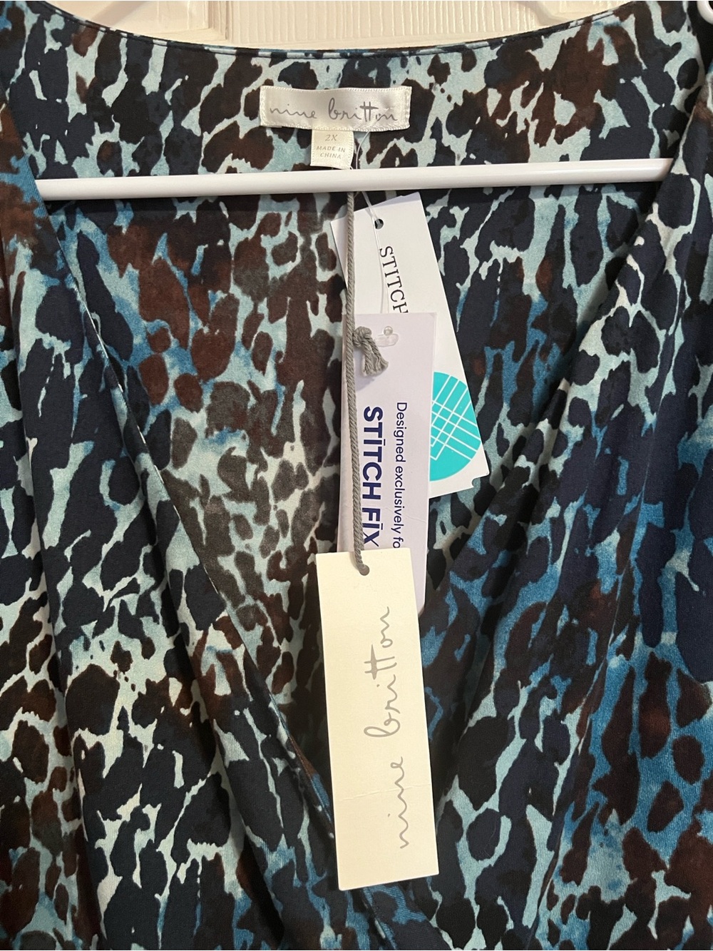 Nine Britton Stitch Fix 2X Blue Black Abstract Print Faux Wrap Dress NWT - Picture 2 of 5